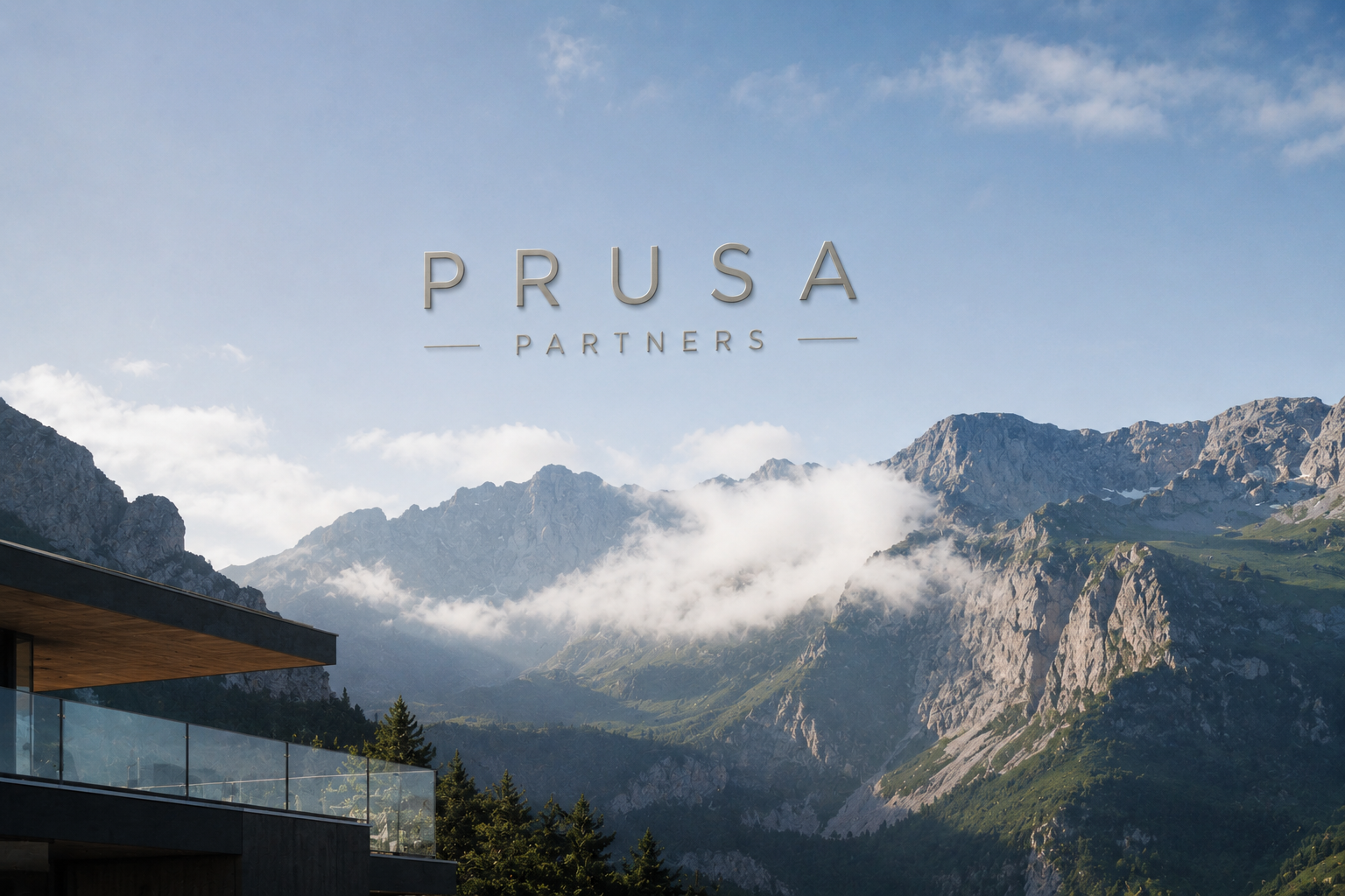 A majestic snow-capped mountain peak under a clear blue sky, symbolizing reaching the summit of corporate success and strategic heights with Prusa Partners' branding